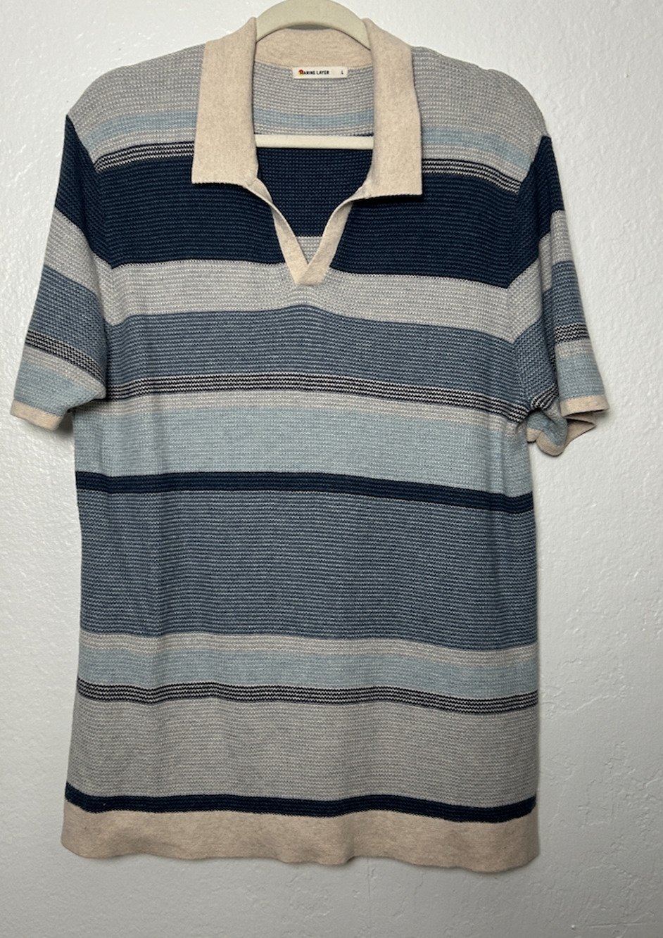 Marine Layer Mens Blue Multi Stripe Liam Sweater Polo Shirt Size Large